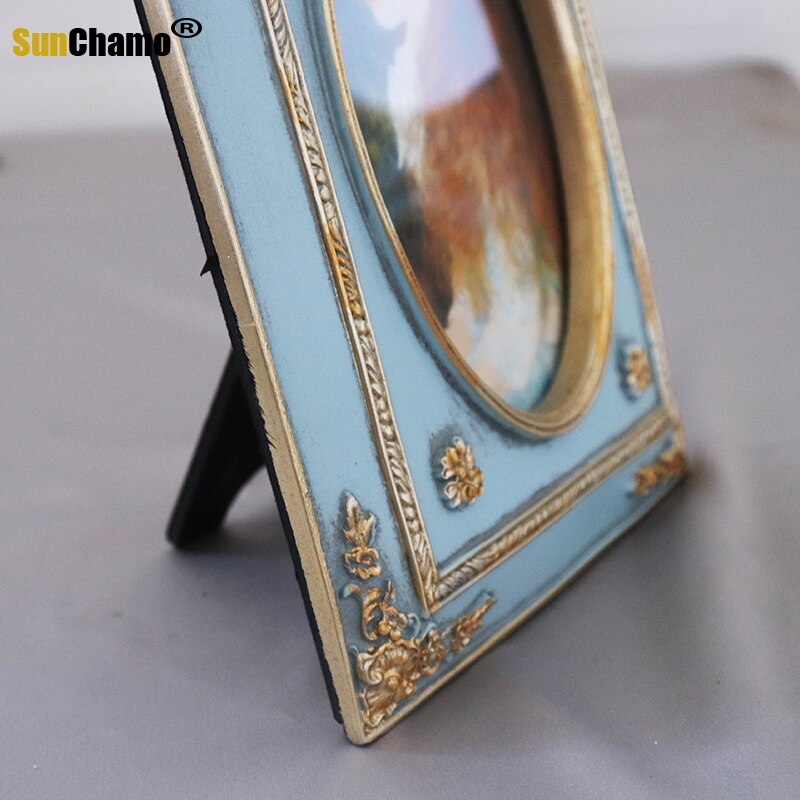 European Style Retro Gold and Blue Carved 6 Square 4 Inch Photo Frame Set Up French Light Luxury Resin Framed Wall Art