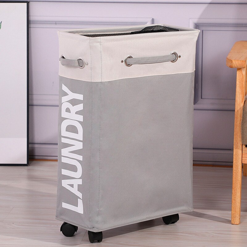 Shushi slim laundry cart basket waterproof dirty clothes toy storage basket home used collapsible laundry bucket: Beige plus L gray