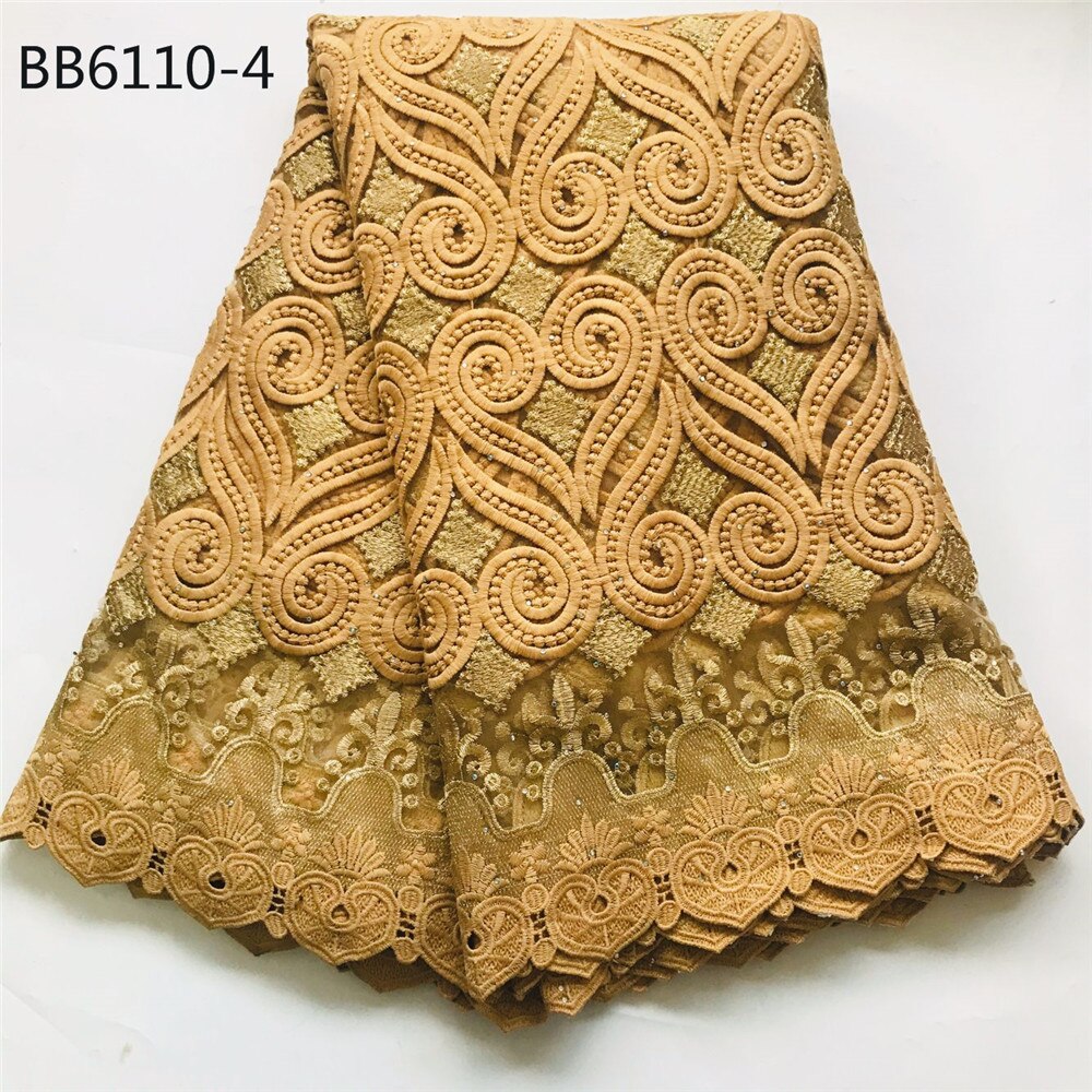 White and gold embroidered fabric African heavy lace fabric french net Heavy African 5 yards: 4