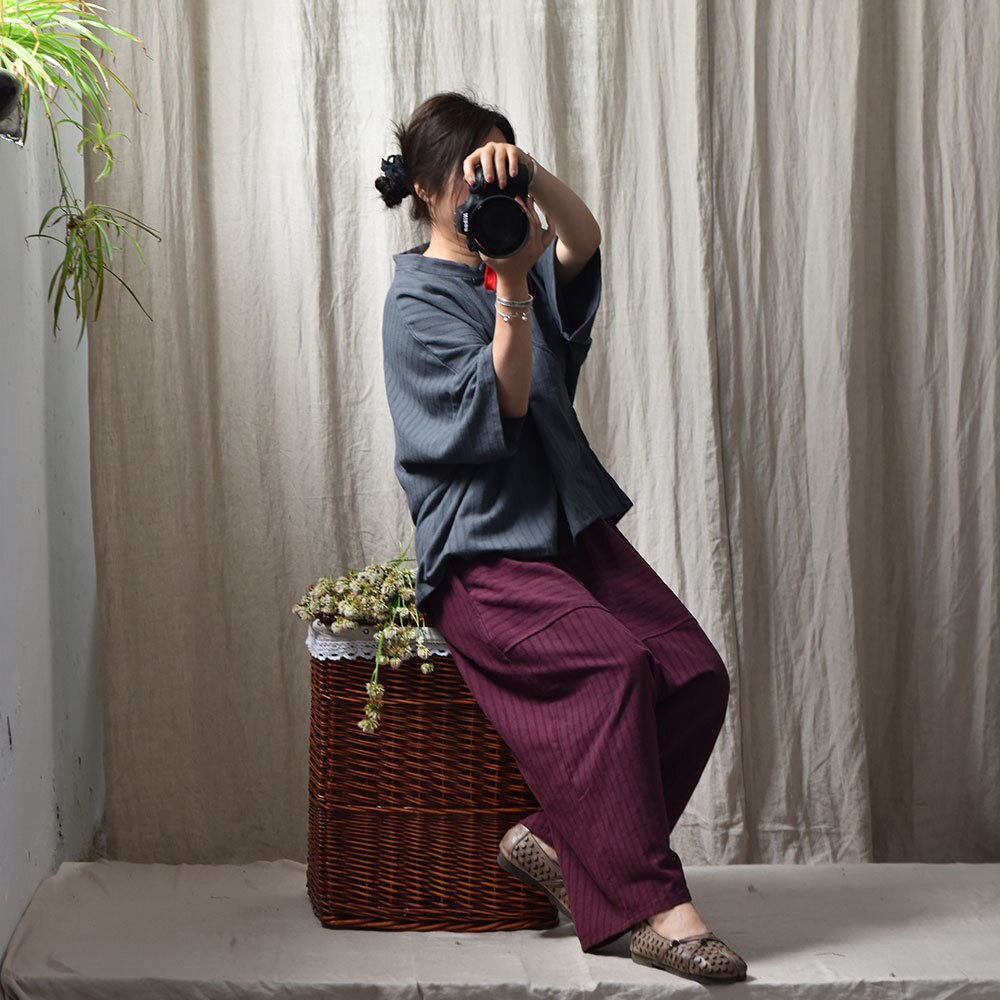 Women Loose Cotton Linen Striped Blouse Tops Female Summer Autumn Stripes Shirt Blouses Ladies Stand Collar Shirt