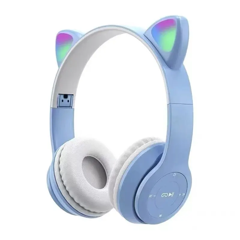 Cute Cat Ear Bluetooth Headphones with LED Wireless Headset Children Girls Stereo Folding Sports Headset with Microphone: Sky Blue