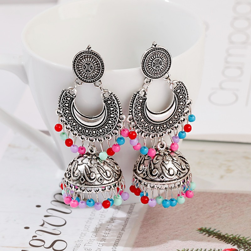 Ethnic Silver Color Gypsy Indian Earrings For Women Boho Jewelry Beads Bell Tassel Jhumka Earrings Ladies Retro Earrings