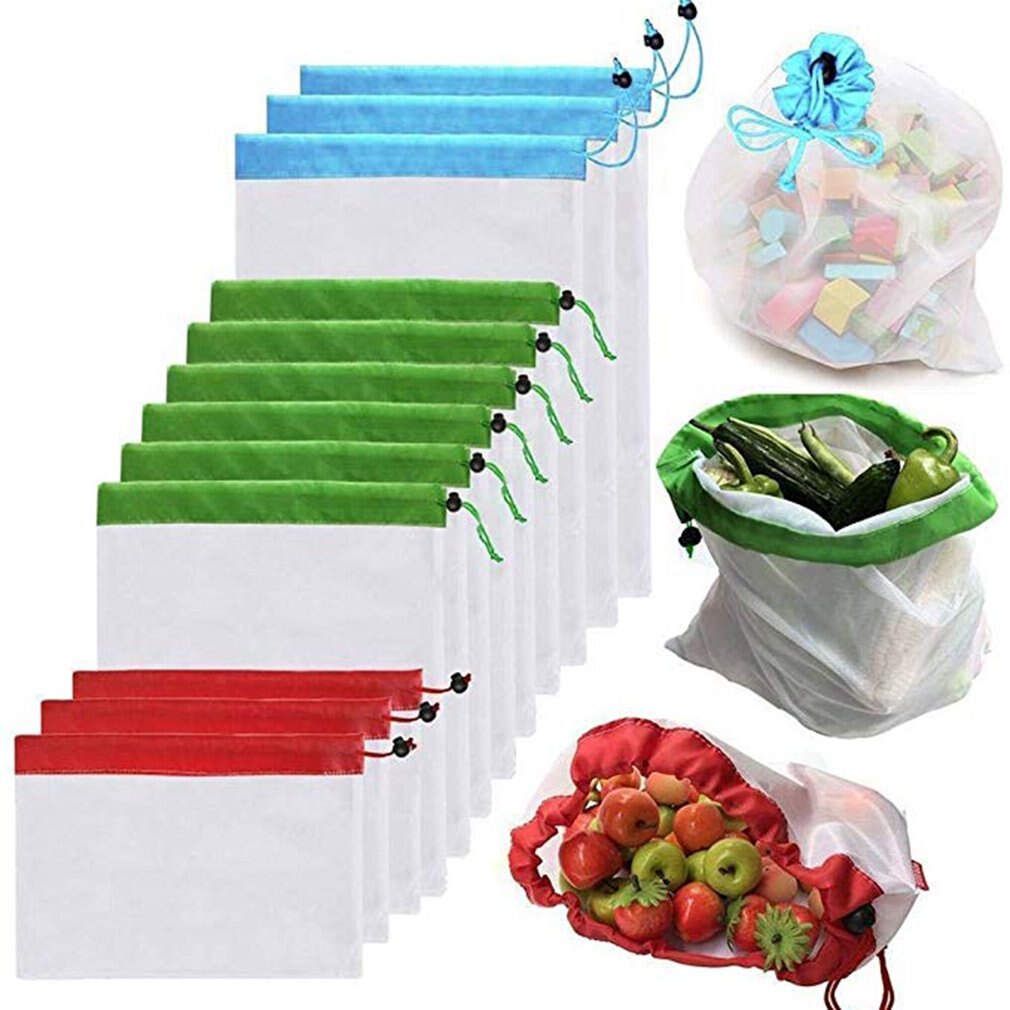 12Pcs/set Reusable Mesh Produce Bags Washable Eco Friendly Bags Fruit And Veg Bags For Grocery Shopping Storage Fruit Vegetable