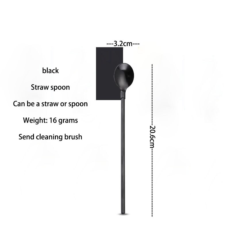 Stainless steel reusable western food straw spoon tableware dualuse dessert soup spoon cola drink straw ice spoon stirring spoon: 20.6cm black