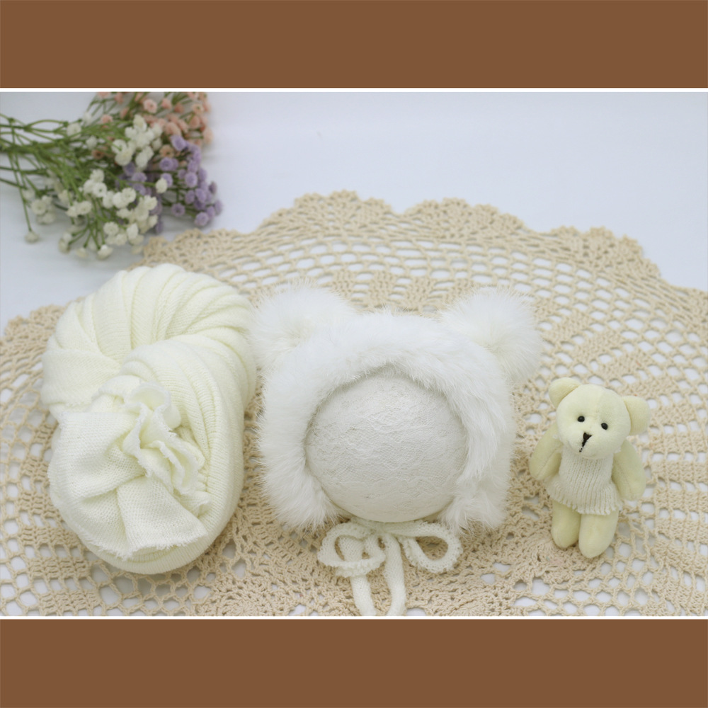 3pcs/set Newborn Photography Props Blanket Hat Baby Photography Wrap Props Bear Doll Baby Photo Shoot Accessories: white