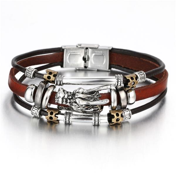 Ifmia justerbart flerlags læderarmbånd mænd håndlavet reb horn blad fjer sæt armbånd armbånd smykker: If11000642
