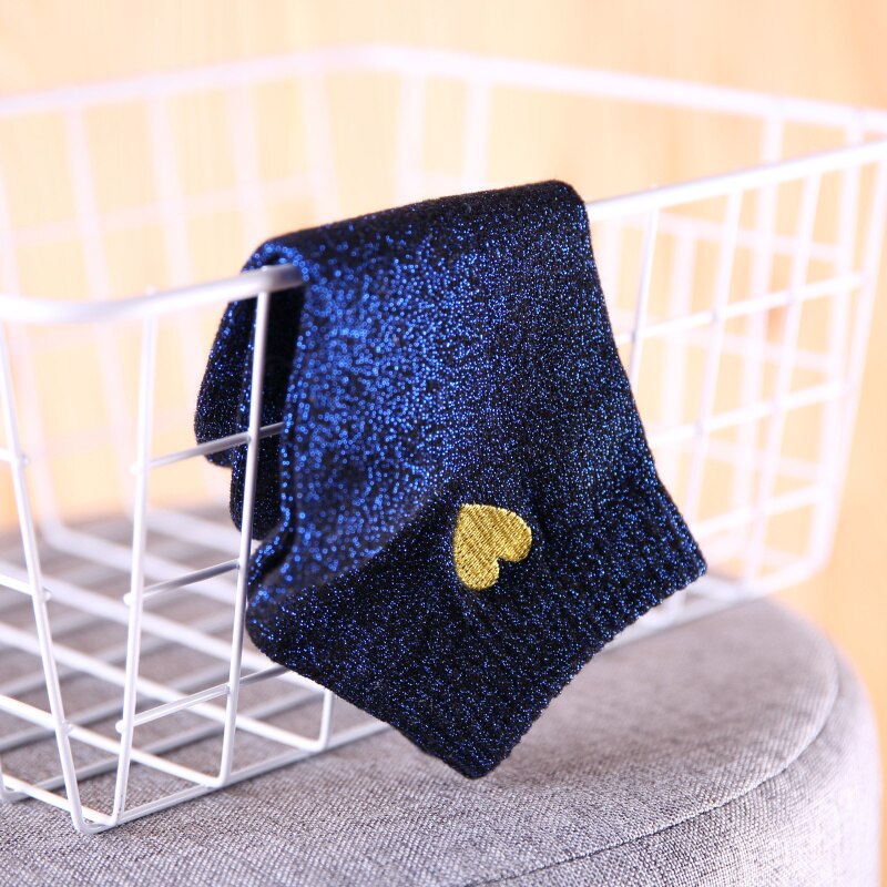 5 paar/partij borduurwerk gouden hart liefde glitter sokken dames modieuze zilveren gouden zijden kleurrijke glanzende sokken