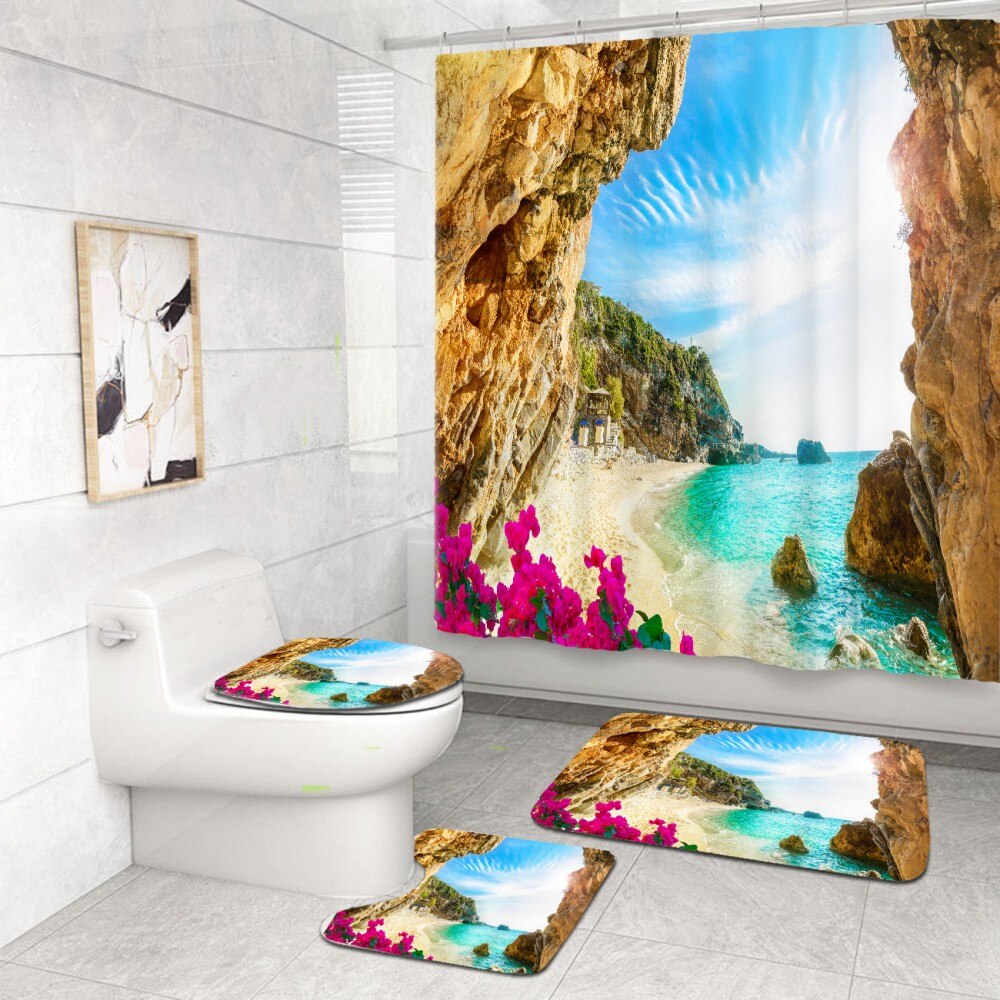 4 Piece Tropical Beach Bathroom Set Seaside Scenic Area Sunset Print Waterproof Shower Curtain Bath Rug Mats Set Toilet Cover