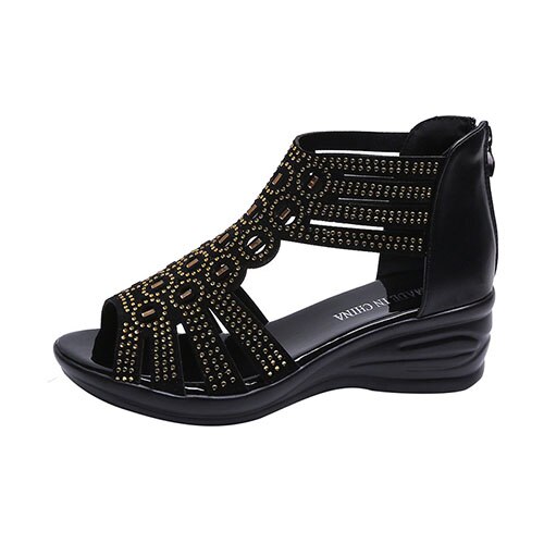 Vrouwen Crystal Rome Sandalen 2022 Zomer Vrouw Zip Wiggen Dames Comfortabele Schoenen Vrouwelijke Strand Schoenen Vrouwen Casual Hoge Hakken: Black Gold / 7.5