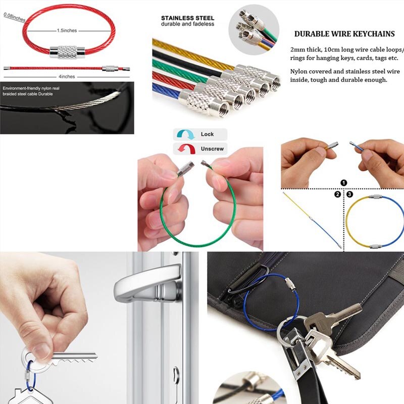 10Pcs Colorful Stainless Steel Wire Keychain Carabiner Key Circle Rope Cable Loop Outdoor Camping Hiking Screw Locking Key Chain
