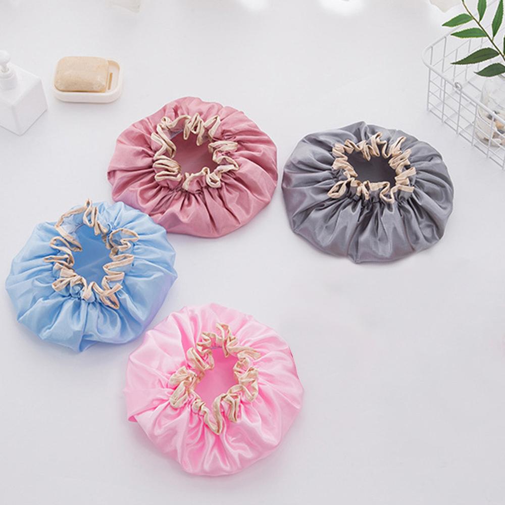 Women Double Waterproof Shower Satin Bathing Cap Hats Silk Reusable Hair Cover SWWQ