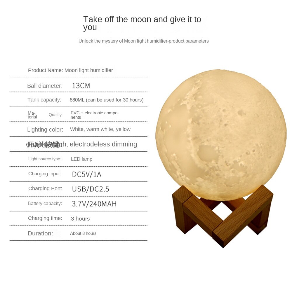 880ML Moon Lamp Ultrasound Air Humidifier Essential Oils Office Desktop Air Purifier Purification Vapor Nightlight Evaporators