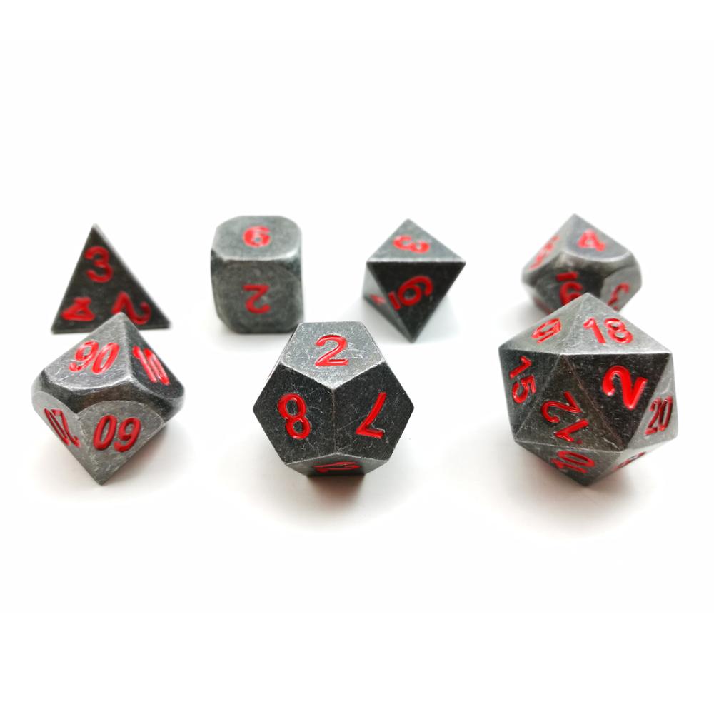 Metallic 7pcs RPG Dice Set, Metal RPG Game Dice With Red Numbers, Metallic 7pcs Polyhedral Dice Set