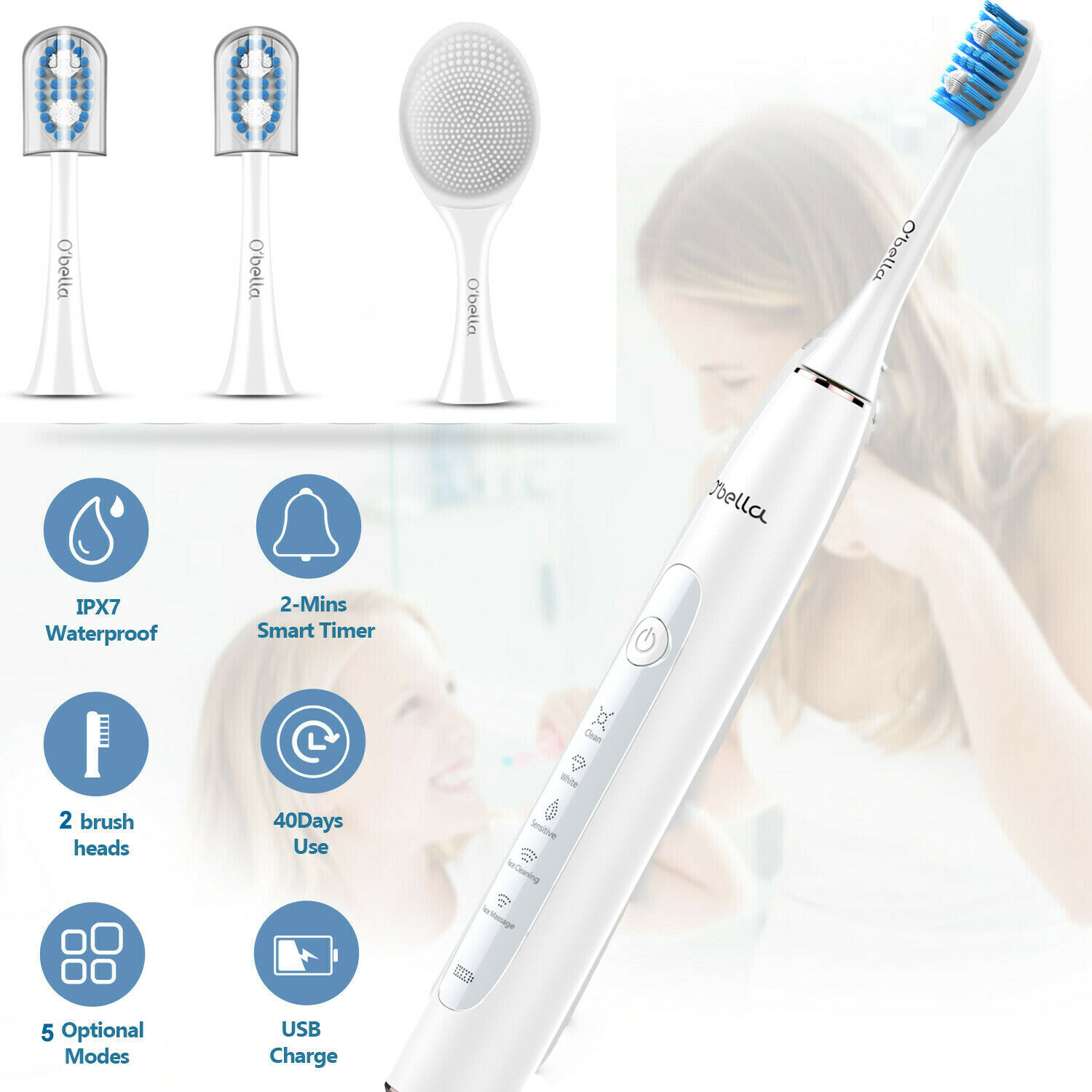 O'bella T10 Electric Toothbrush USB Rechargeable Sonic Electrric Toothbrush Upgraded Ultrasonic Toothbrush Face brush