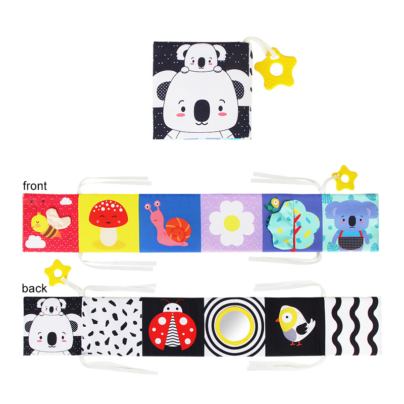 Libro de tela sensorial, juguetes para bebés de alto contraste de 0 a 12 meses, juguetes para cuna para recién nacidos, libros de tela de animales en blanco y negro, libro para bebés Montessori