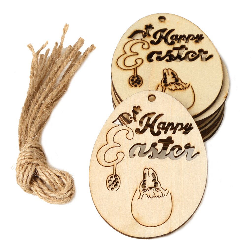 10pcs Unfinished Wooden Easter Ornaments Easter Egg Shape Wood Cutouts Slices with Hanging Twine for Easter Party Decorations: 3
