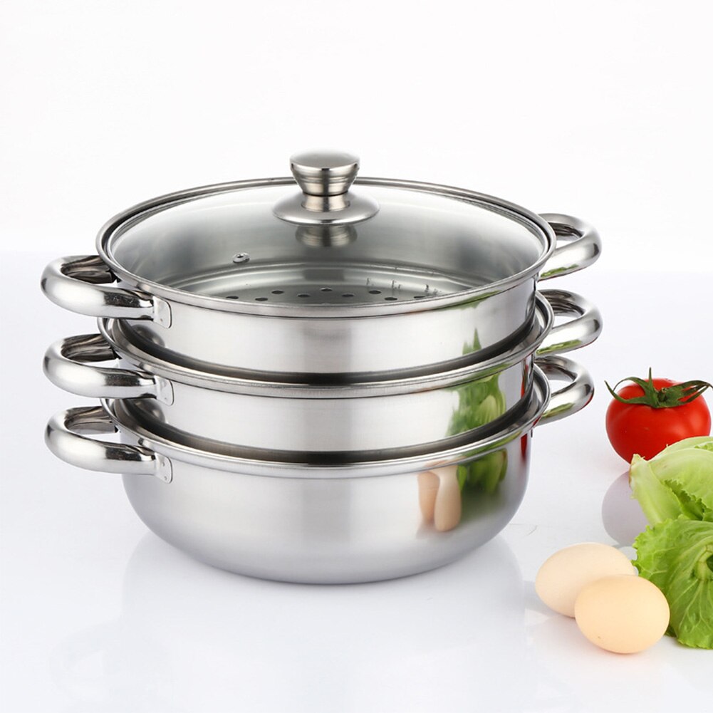 Casserole pour cuiseur vapeur grande taille 28cm, 3 niveaux, facile à nettoyer, couvercle visuel, batterie de cuisine, double usage, acier inoxydable, gain de place à la maison avec poignées