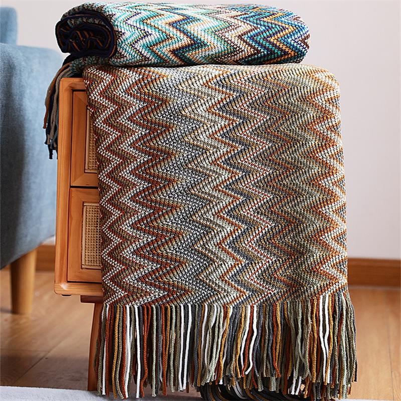 Boheme akryl strikket stribet tæppe blødt plaid tæppe sofa dekorative tæpper med kvast tæpper til sengetæppe