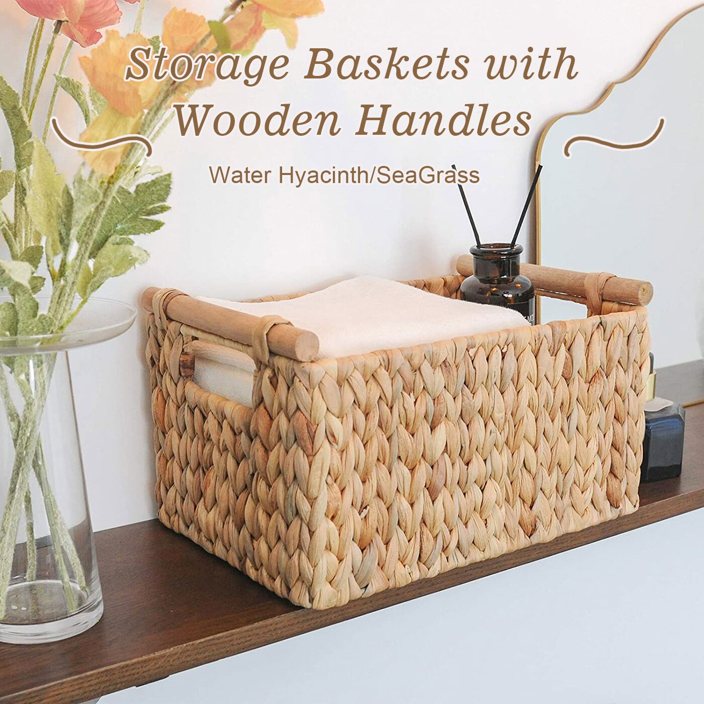 Bathroom Accessories Organizer Storage Baskets Water Hyacinth Cosmetic Makeup Wicker Wooden Handles Hand-Woven Kitchen Organizer