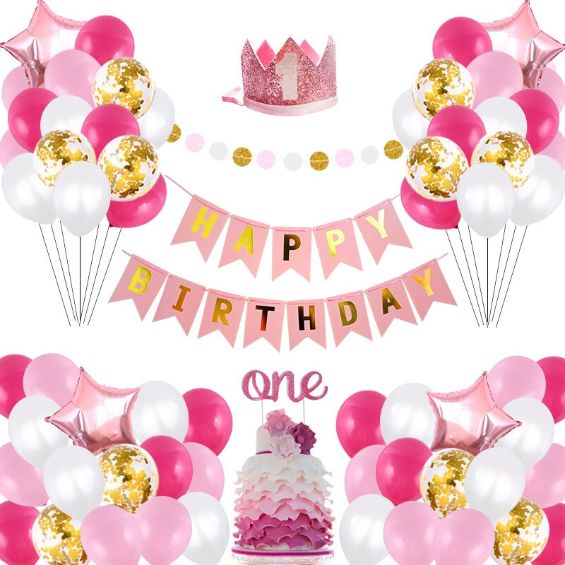 Decoración de feliz cumpleaños, globos nuevos para , decoración de 1 año de cumpleaños, globo con letras Chiffre, conjunto de lentejuelas para niño o niña: pink