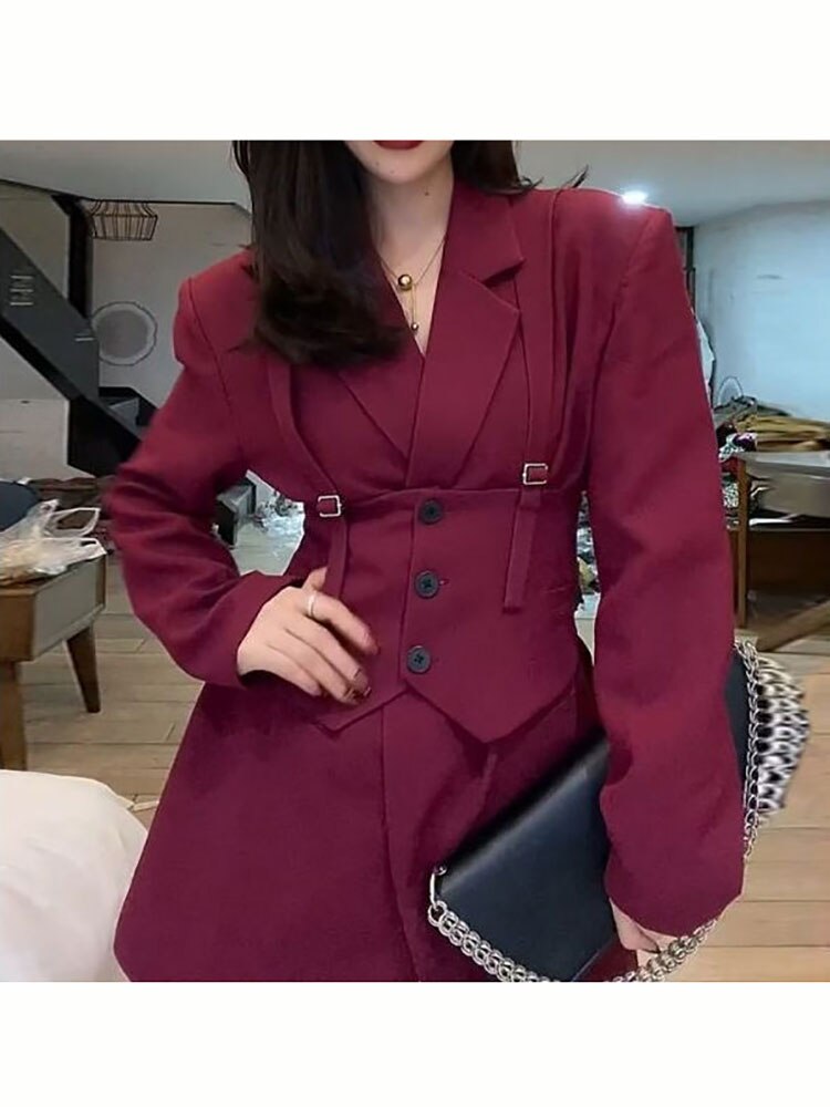 Chaqueta de vestir para mujer, conjunto de Blazer de 2 piezas, traje Retro europeo, cinturón de cintura informal, chaleco con cordones, Otoño,