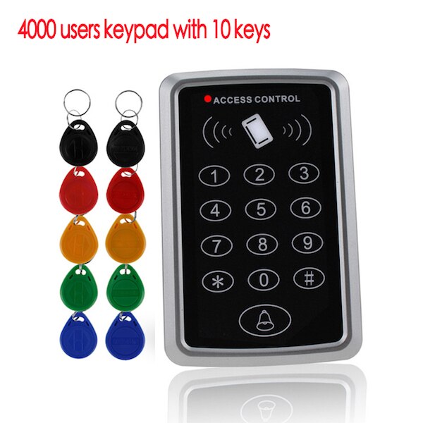 RFID Controller Standalone Access Control Keypad with 10 EM4100/4200 keychains 125KHz Card Reader For Door Access Control System: 4000 users with keys