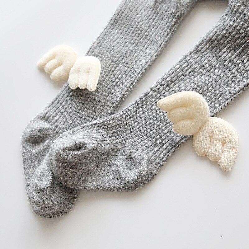 Adorável menina meia-calça anjo asas bebê cor sólida meias arco-nó fruta respirável malha algodão meias