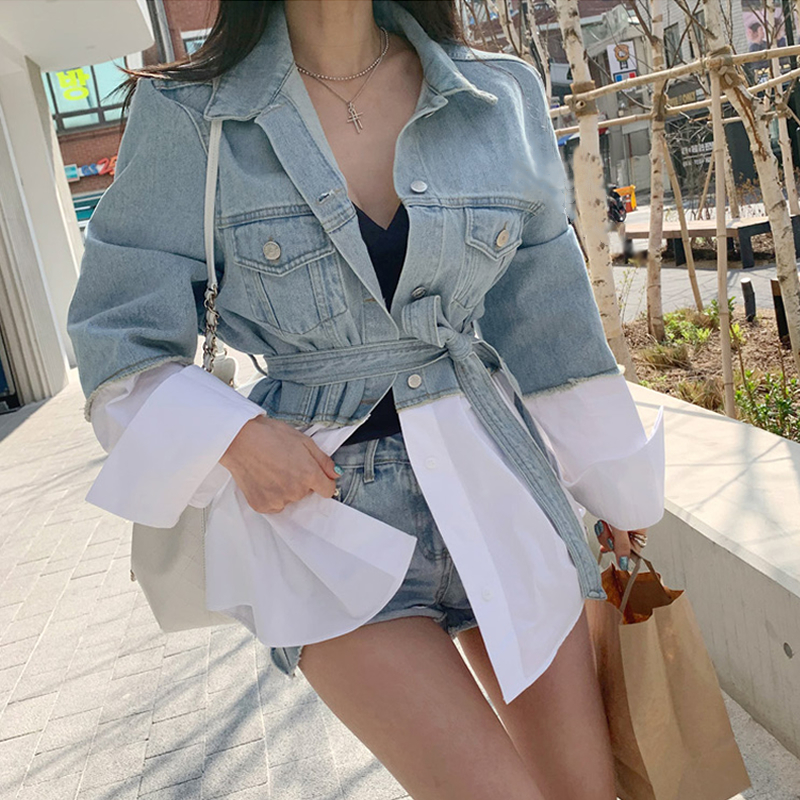 Colorfaith Autumn Winter Women's Denim Jackets Patchwork Sashes Lace Up Outerwear High Street Fashionable Jeans JK7064