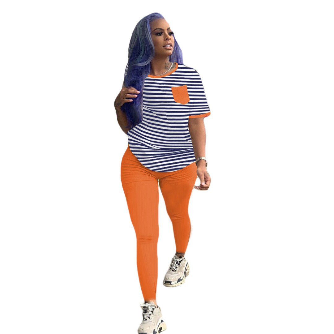 Cm.yaya sport kvinner & #39 ;s sett stripete lange armer t-skjorter legging bukser kjole aktive slitasje treningsdress todelt sett fitnessantrekk: Oransje / S