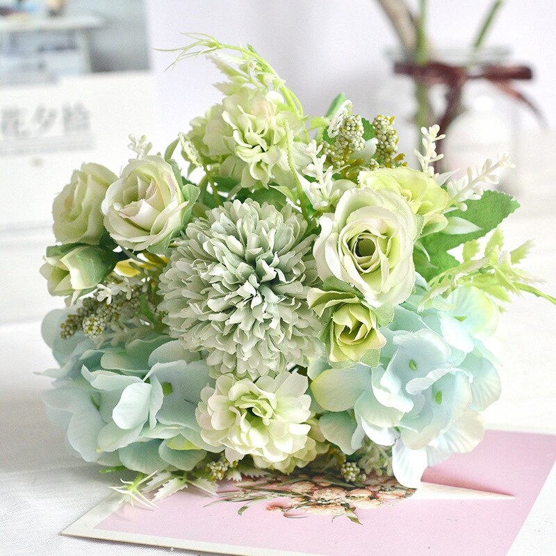 Ramo de boda de tendencia de Ins nórdico para novia, rosas de simulación hermosas, Flores artificiales para boda, Flores de utilería para fotografía: Green Hydrangea