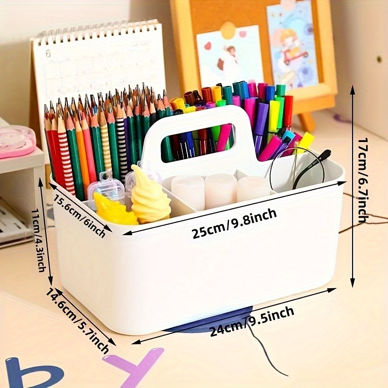 Cesta de almacenamiento de plástico con asa, caja de almacenamiento portátil para lápices y papelería, organizador de clasificación de escritorio con 5 compartimentos
