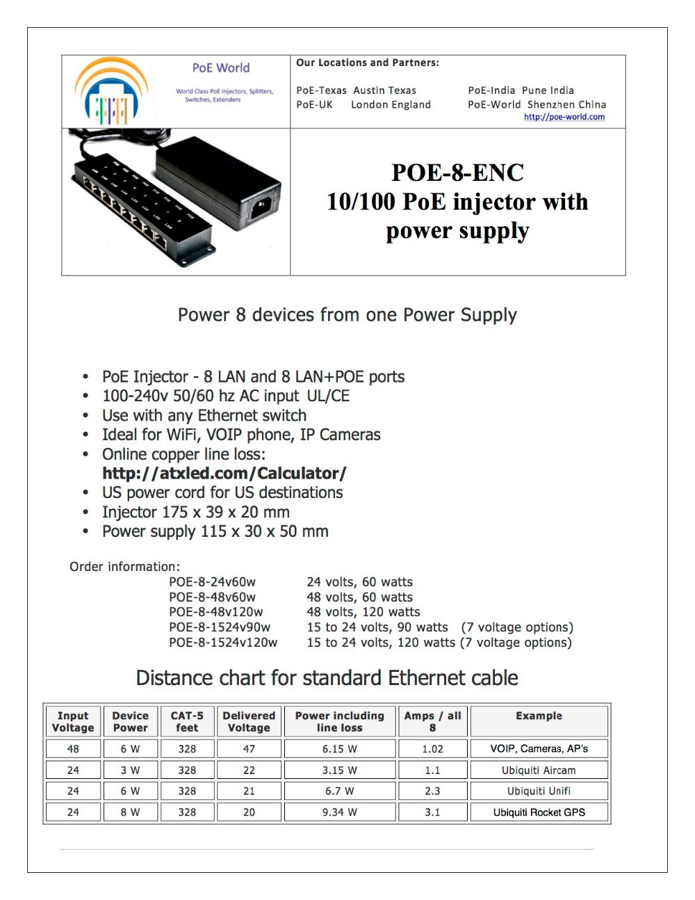 8 Port Wall Mount 10/100 Power over Ethernet PoE Injector with 48 volt 120 watt Power Supply: POE-8-48v120w
