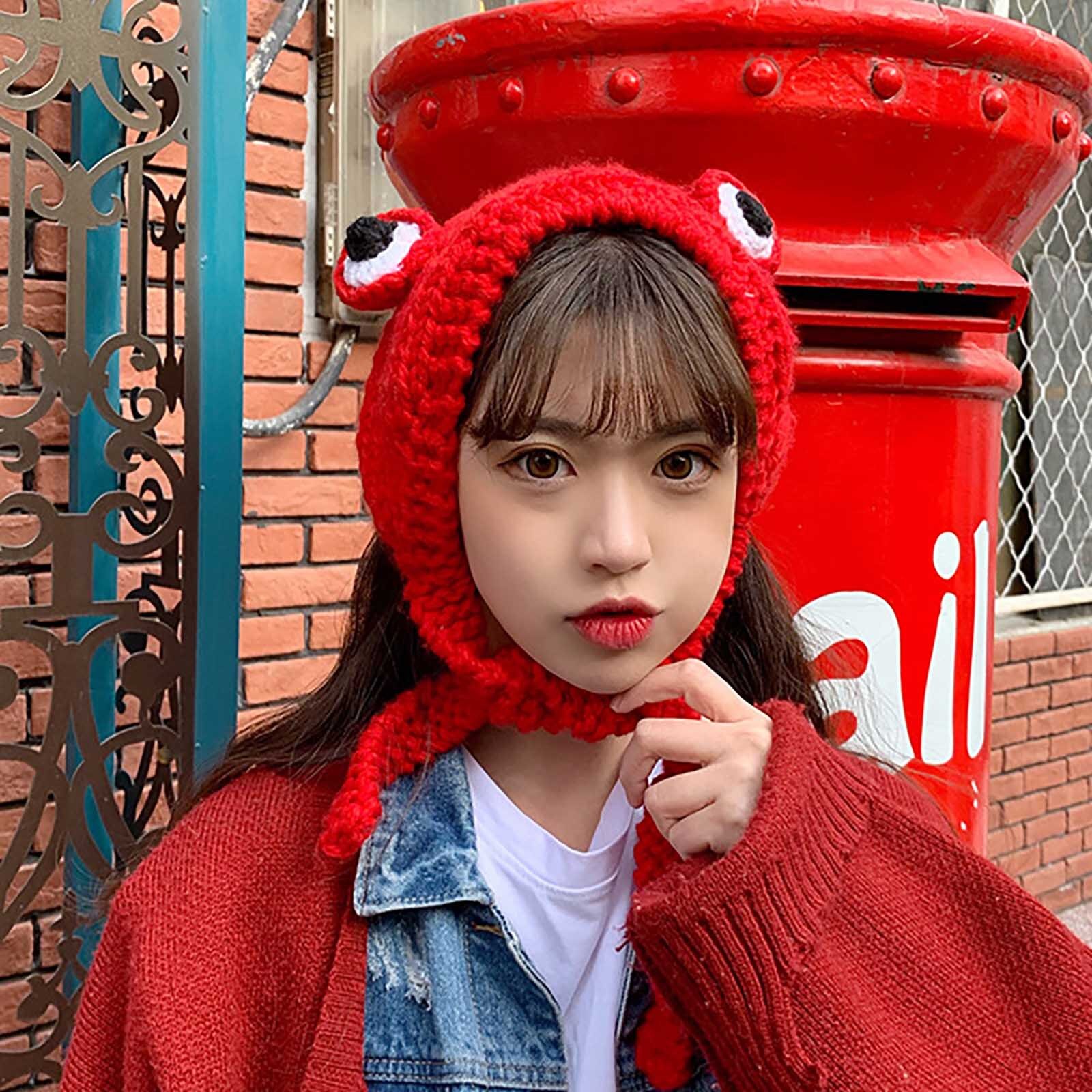 Winter Women Frog Hat Crochet Knitted Hat Costume Beanie Cute Hats Cap Women Cap Retro Cute Animal #YJ: Red 