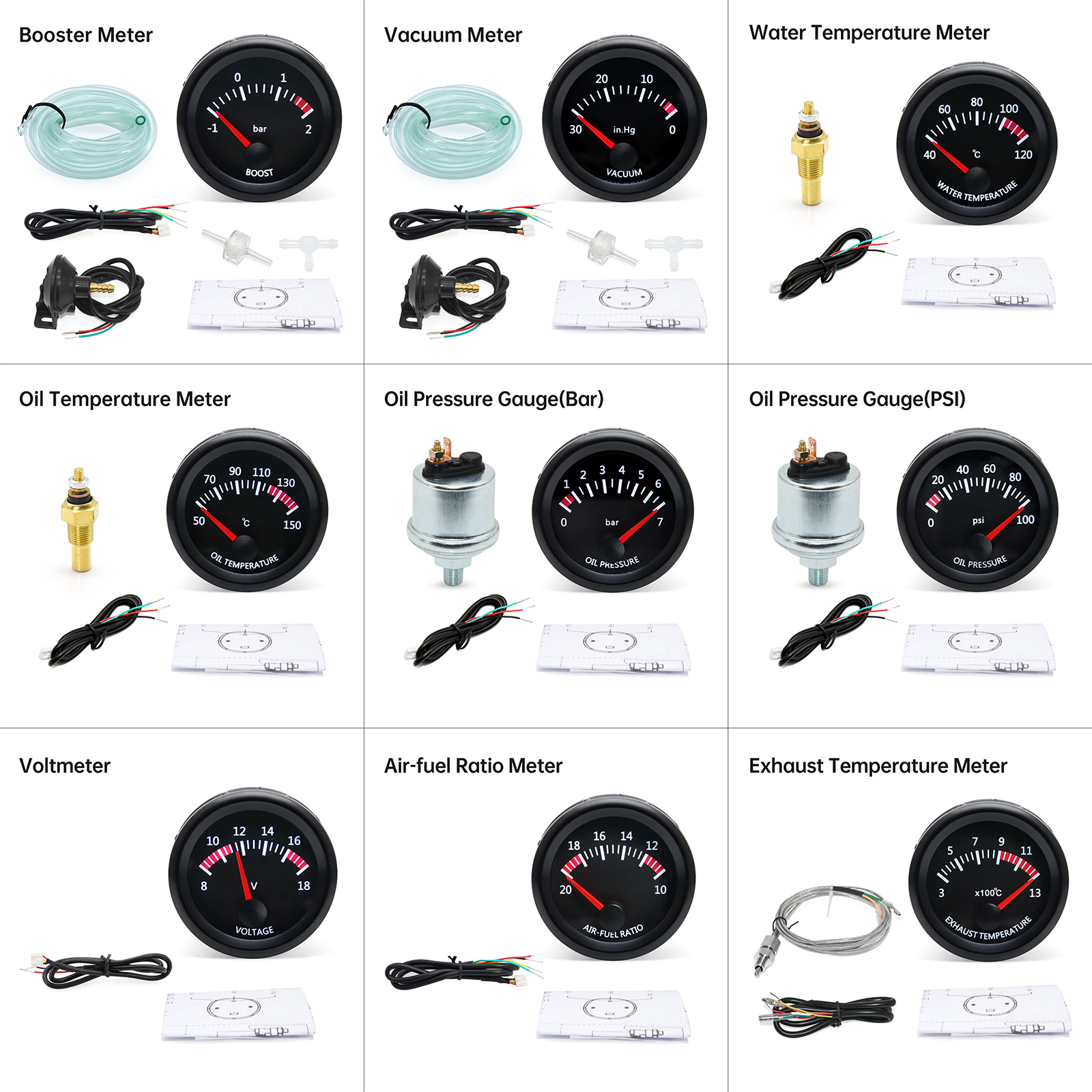 52mm Car Exhaust Gas Temp Gauge Vacuum Oil Pressure Bar PSI Gauge Voltmeter Oil Temperature Water Temp With Sensor for 12V Car