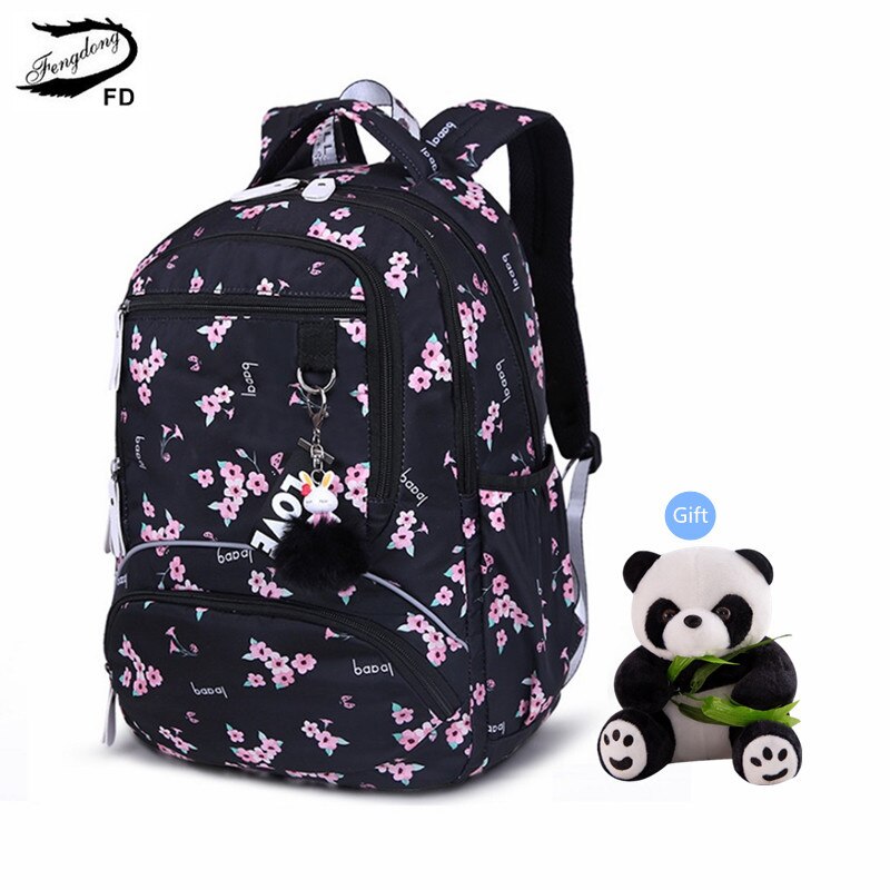 Fengdong school bags for girls waterproof kawaii school backpack kids cute backpack schoolbag girl backpacks for children: black flower