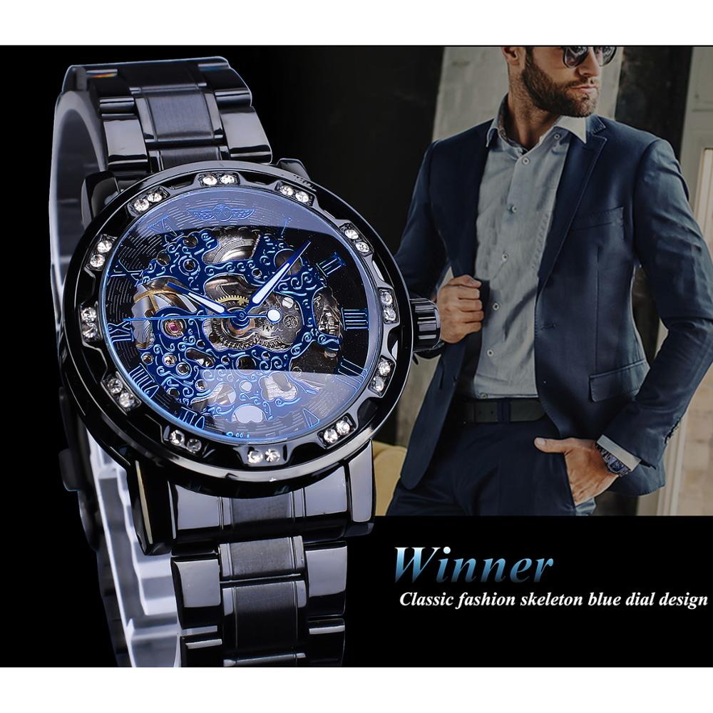 Winnaar Classic Blue Mens Mechanische Horloges Romeinse Zwart Roestvrij Stalen Band Rhinestone Skeleton Hand Wind Bedrijvengids Horloge Klok
