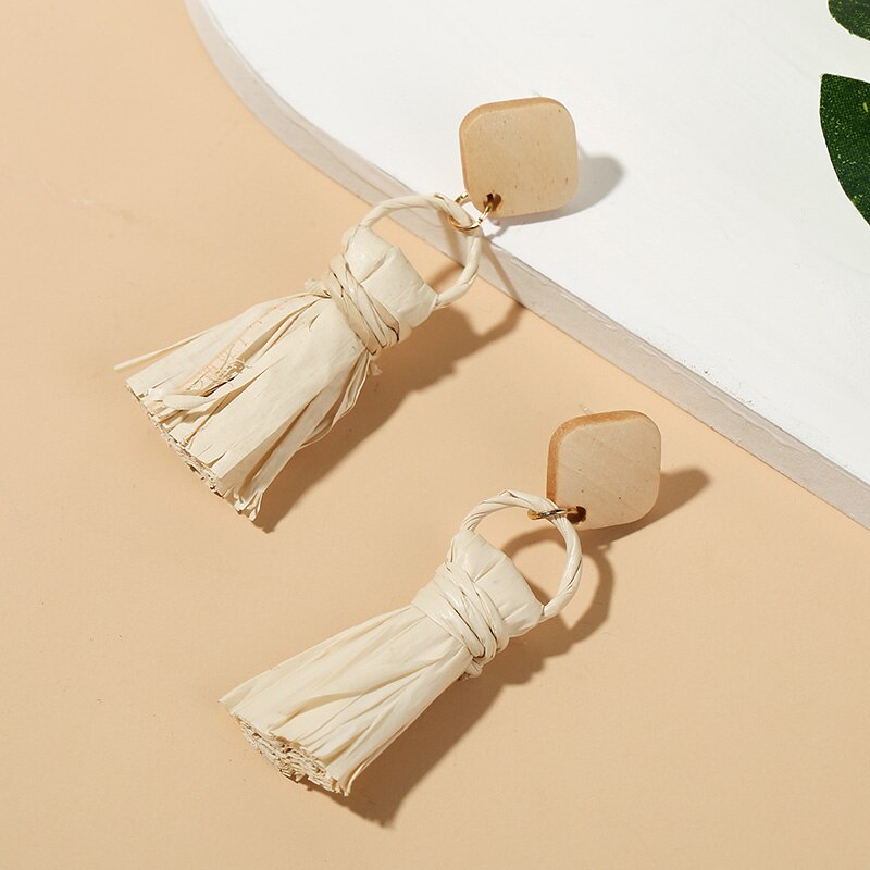 Simple Trendy Female Handmade Woven Vine Rattan Straw Earrings For Women Boho Square Geometric Wood Dangle Earring Jewelry