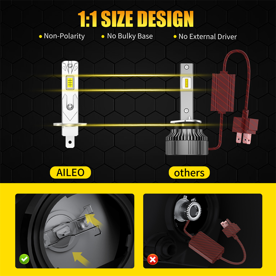 AILEO 2 uds luces LED 200W 20000LM H1 6500K bombilla de faro de tamaño Mini inalámbrico para lámpara de coche CSP 7035 Chip blanco Plug & Play