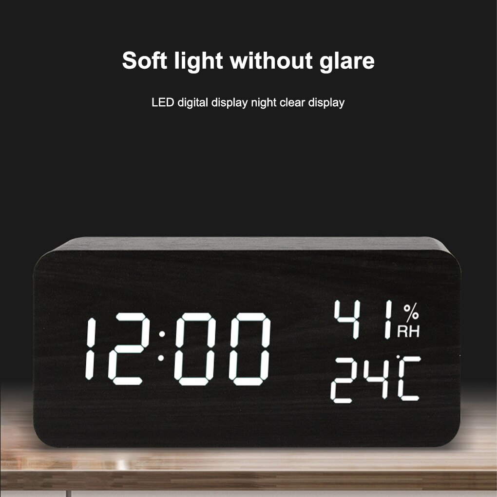 Alarm Clock LED Digital Electronic Clocks Decor Adjustable White Digit Temperature Display Household Brown Wood