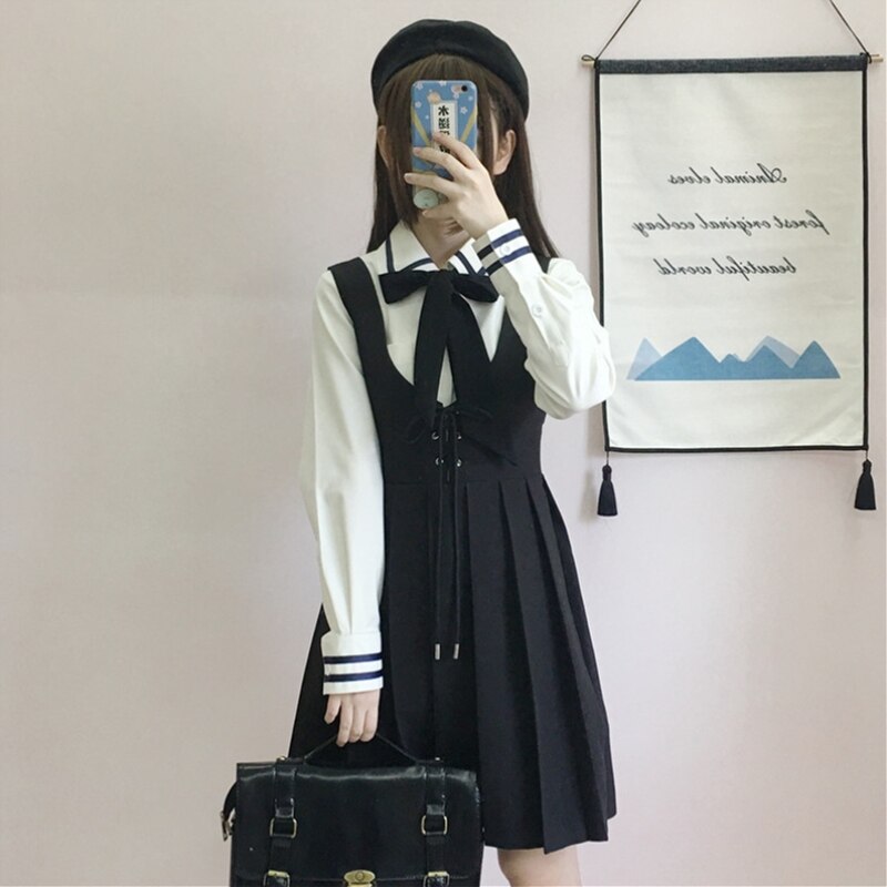 Japanese College Uniforms Long-Sleeved Shirt Pleated Suspender Dress Two-Piece Suit Female School Girl Uniform