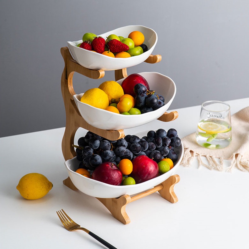 3 layer Wooden Rack Dried Fruit Snacks Basket Cake Salad Dessert Plate Afternoon Tea Tray Living Room Organizer