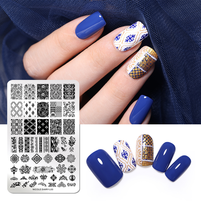 Nicole Dagboek Bloemen Patroon Nail Stempelen Platen Afbeelding Schilderen Nail Art Stencils Template Nail Stempel Gereedschap