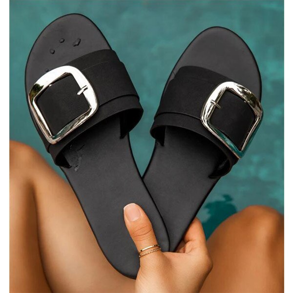 NAN JIU MOUNTAIN Simple Slippers Women Summer Flat Sandals Metal Buckle Slippers Women Shoes 3 Color: black / 7
