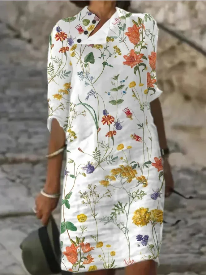 Spring Cotton Linen Women's Dress White Stand Collar Half Sleeve Buttons Dresses Female Casual Loose Ladies Clothes