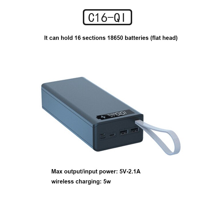 16*18650 batteri power bank taske oplader boks holder dobbelt usb lcd display support hurtig &amp; trådløs opladning til iphone 13 xr 12: Normal qi sort