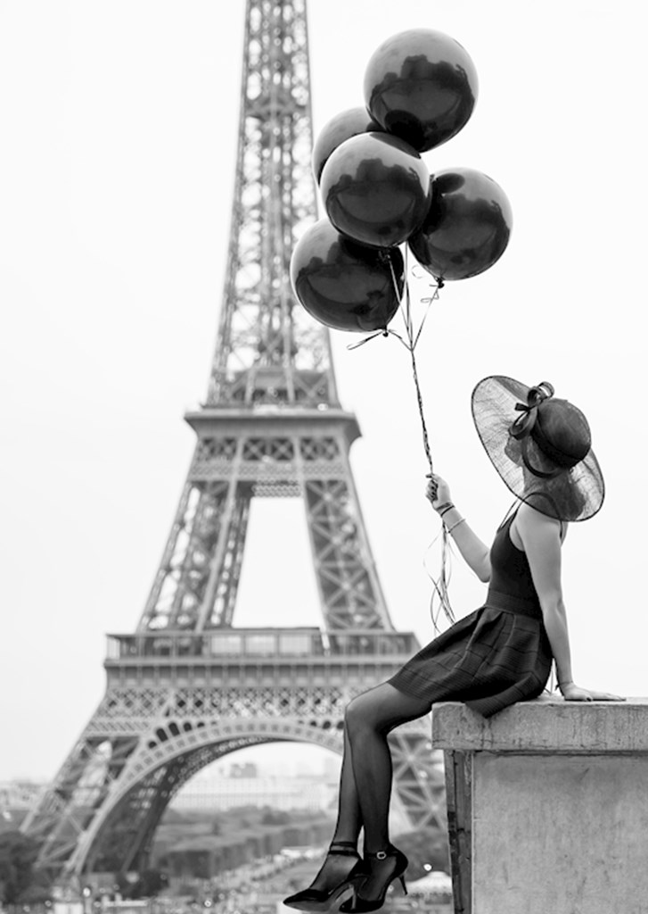 Fotos de fotografía en blanco y negro, imagen impresa en lienzo, globos negros, para mujer, Tour Eiffel, cartel de coche Vintage, decoración del hogar