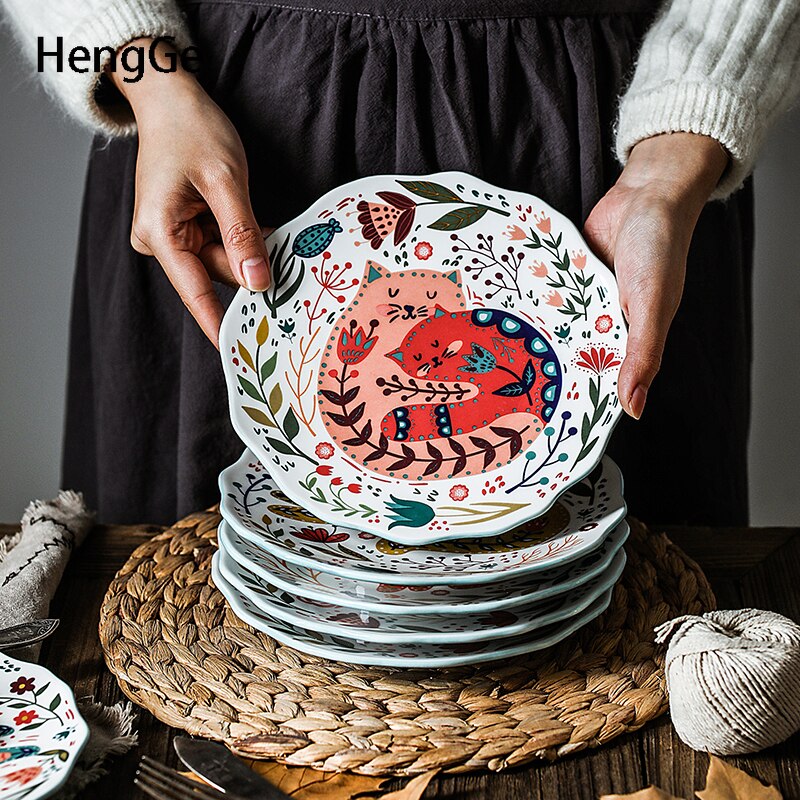 Creativity Cartoon Cat Painted Diner Plate Home Ceramic Plate Breakfast Dessert Dish Kitchen Decor Dinner Set Plates and Dishes