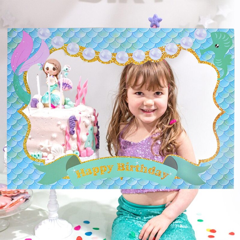 1Pcs Theme Mermaid Happy Birthday Photo Frame Photo Prop Theme Photo Booth Props Frame Baby Shower Kids Birthday Party Supplies
