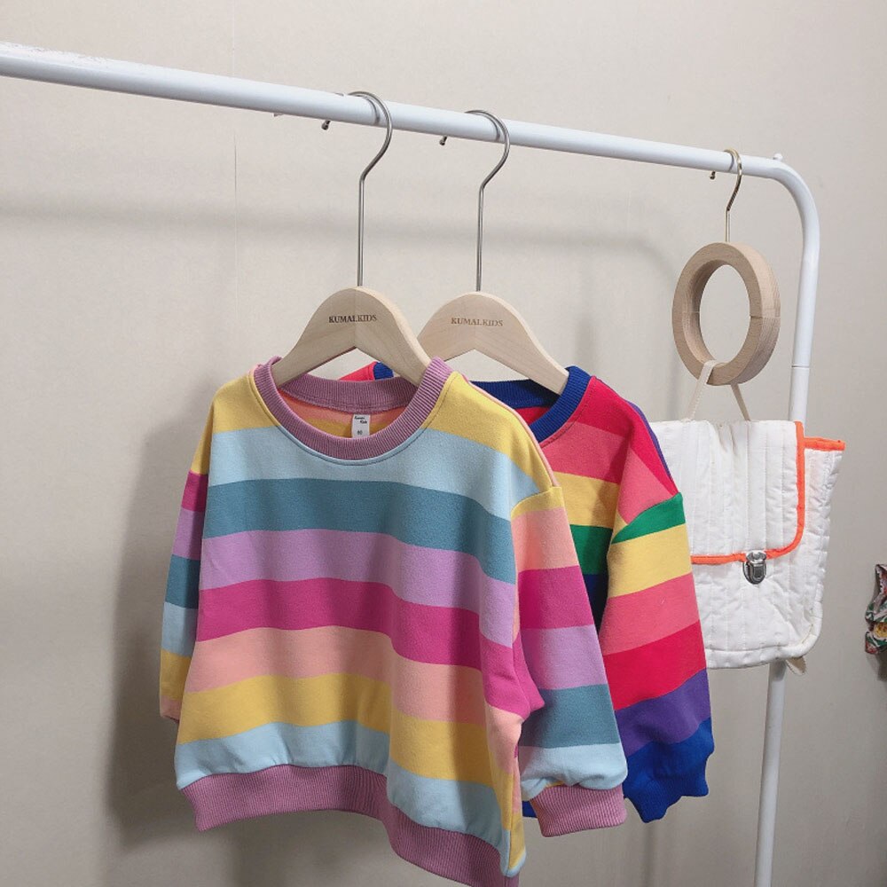 Benemaker Baby Jongens Kleding Peuter Meisjes Regenboog Strepen Vallen Kleding Crewneck Sweatshirts Kids Lange Mouwen Top NA516