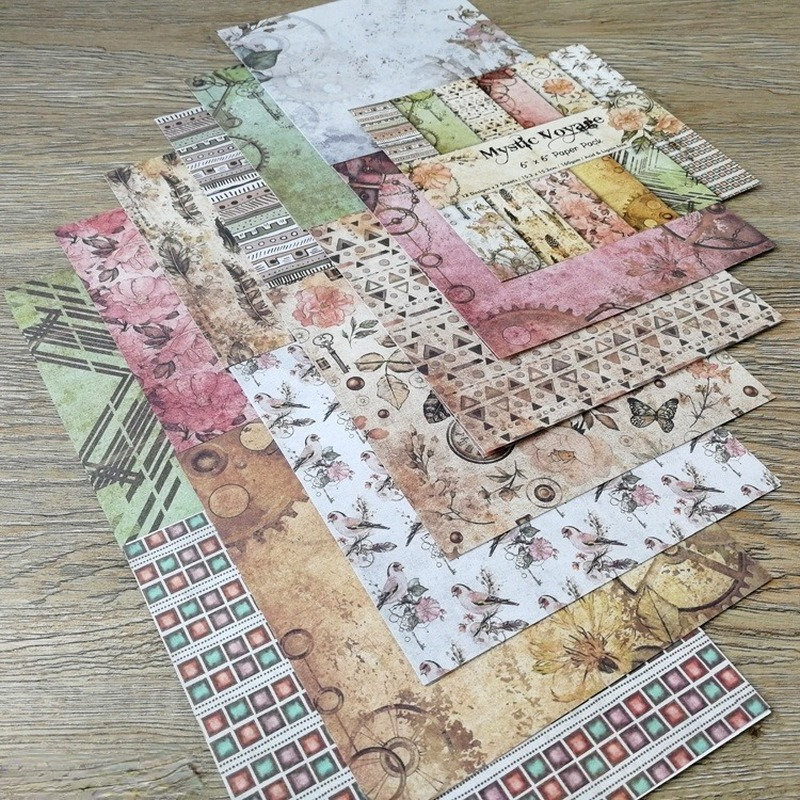 Confezione di scrapbooking in carta con motivi mistico viaggio, sfondo artigianale fatto a mano, stampato su un assolo lato